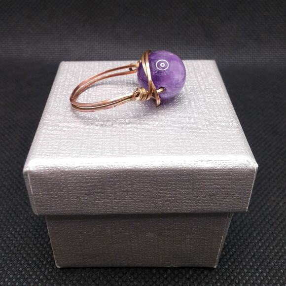 Amethyst Copper Ring Gemstone Artisan Wire Wrapped 12MM Gemstone Unisex Sz 8 New - Picture 3 of 12
